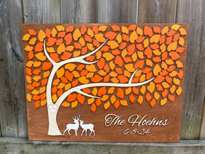 fall guest book with deer and tree of life, family name sign for wedding