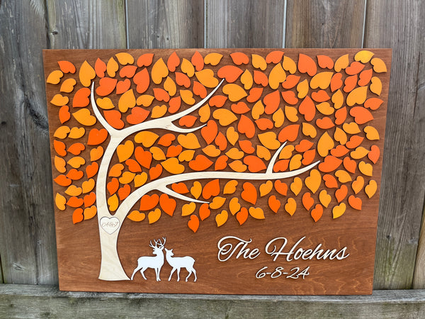 fall guest book with deer and tree of life, family name sign for wedding