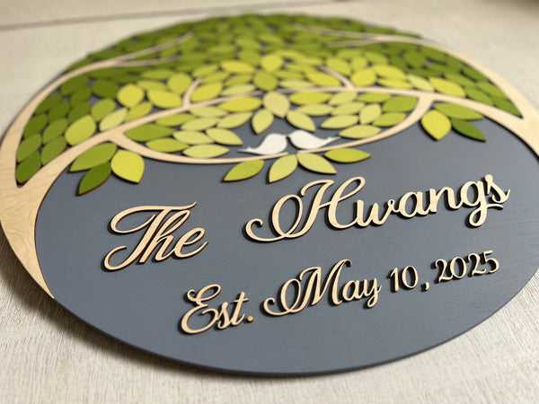 Magnetic guest book alternative set, interactive guest book signing board, personalized wedding sign in with two trees coming as one, box and holder included, green leaves