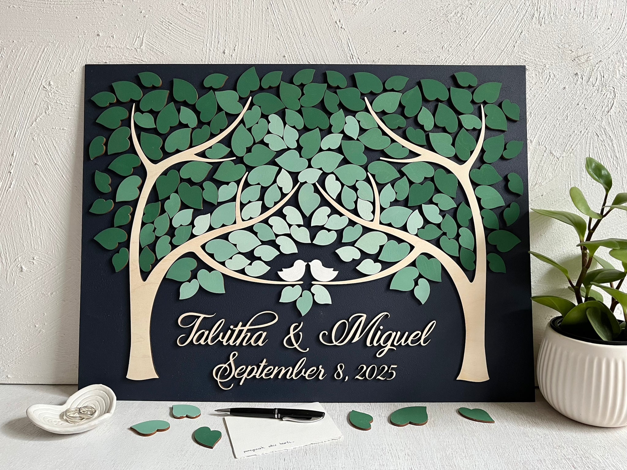 Personalized wedding guest book alternative in 3D with two trees in fading green ombre effect