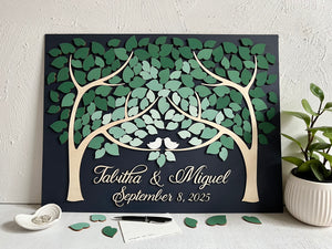 Personalized wedding guest book alternative in 3D with two trees in fading green ombre effect