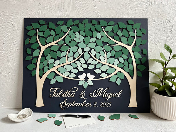 Personalized wedding guest book alternative in 3D with two trees in fading green ombre effect