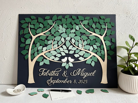 Personalized wedding guest book alternative in 3D with two trees in fading green ombre effect