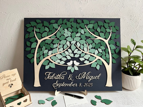 magnetic guest book alternative for wedding with personalized names and box to hold the leaves