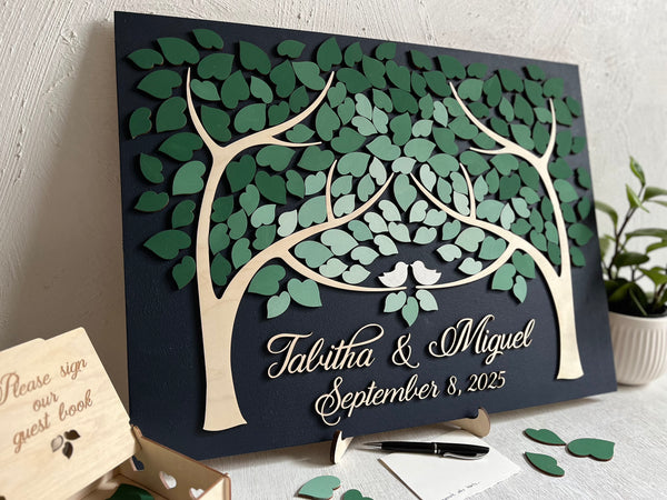 magnetic guest book alternative for wedding with personalized names and box to hold the leaves