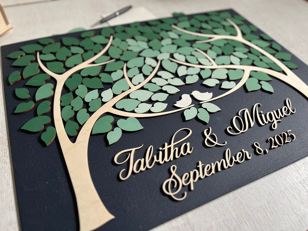 side view of Personalized wedding guest book alternative in 3D with two trees in fading green ombre effect