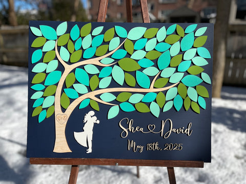 spring wedding guest book alternative with tree of life and personalized names and wedding date
