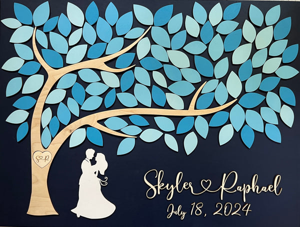 blue guest book alternative for wedding or anniversary with engraved heart in tree