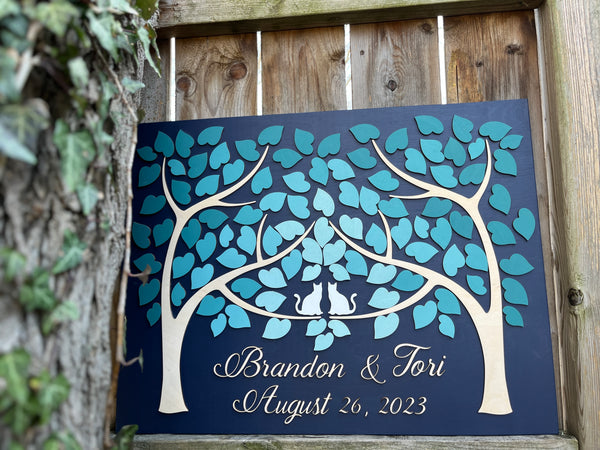 Wedding guest book alternative with two cats and trees that come as one in a teal color scheme, wedding sign in and home decor, wedding keepsake