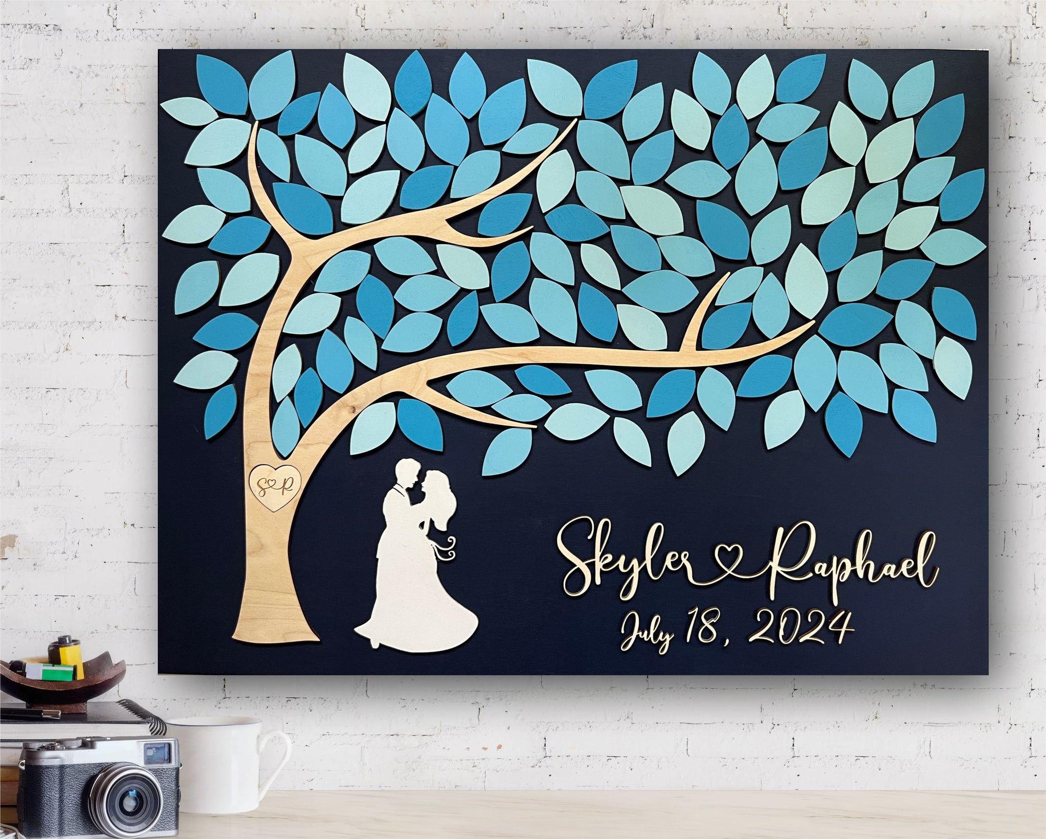 blue wedding guest book alternative with tree of life
