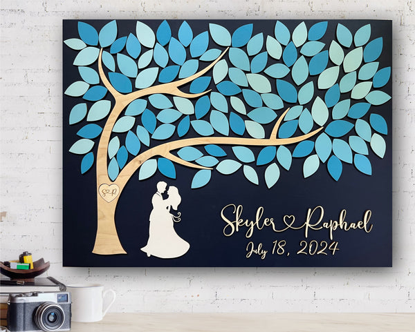 blue wedding guest book alternative with tree of life