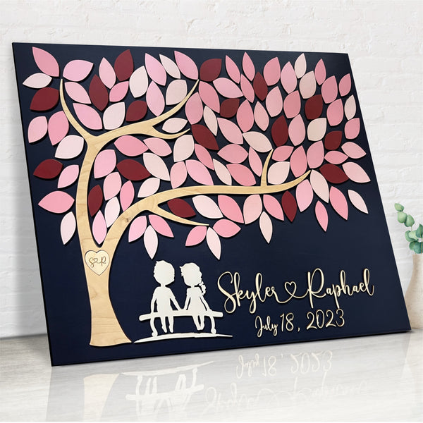 wedding guest book alternative with tree and high school sweethearts silhouette under the tree