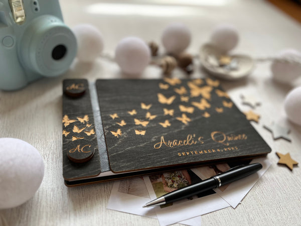 Quince guest book personalized with name and date and butterflies- side view