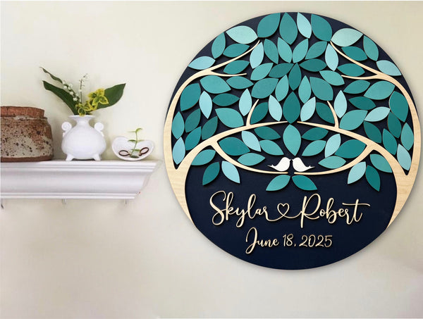 Magnetic guest book alternative, personalized wedding sign in with two trees coming as one, two families join - teal