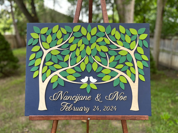 Blue trees guest book alternative made of wood and personalized details wedding or anniversary guest book