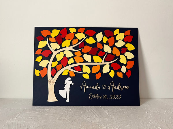 choose your colors, fonts and silhouette and add your names and wedding date to this wood guest book