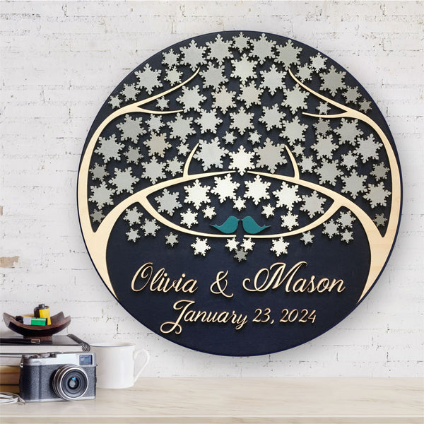 round guest book alternative with personalized names and date for wedding and snowflakes to sign