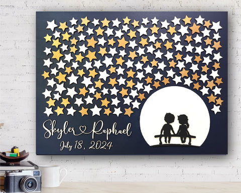 sweethearts wedding guest book under the stars with full moon made in 3D wood and personalized names and wedding or anniversary date