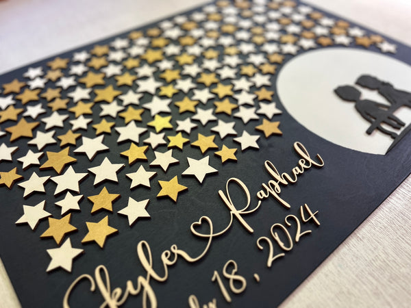 sweethearts wedding guest book under the stars with full moon made in 3D wood and personalized names and wedding or anniversary date