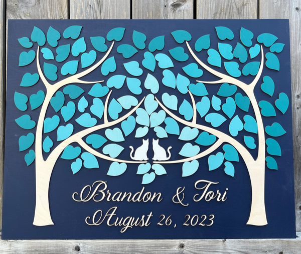 teal cats wedding guest book alternative with perosnalized names and date
