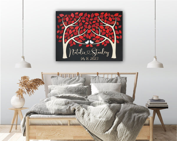 the guest book sign shown in a bedroom decor for a splash of red color