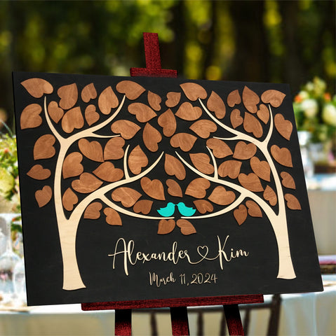 wedding guest book alternative with two trees that join as one and personalized with names and wedding date with custom colors or stained wood by signyoustyle.com