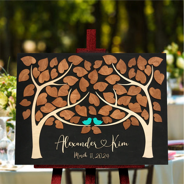 wedding or anniversary guest book alternative with two trees that become one and personalized with names and custom colors and leaves for wedding guests to sign by signyoustyle.com