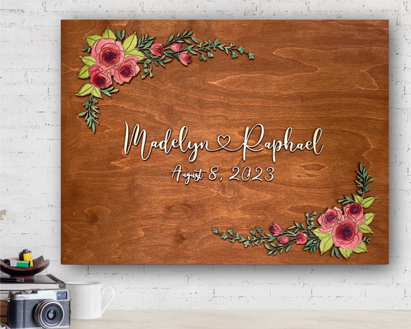 wedding welcome sign with personalized names shown on display with an old fashioned camera and mug in a room setting