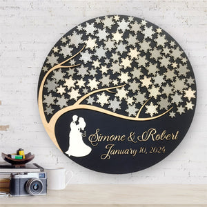 winter wedding guest book alternative with snowflakes and embracing couple