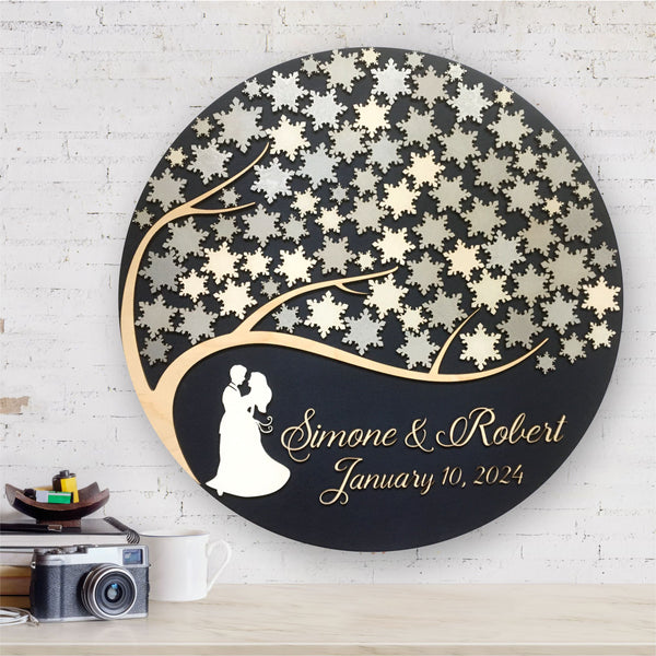 winter wedding guest book alternative with snowflakes and embracing couple