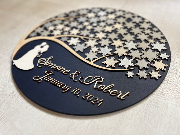 fairytale wedding guest book alternative made on round wood with snowflakes and personalized names