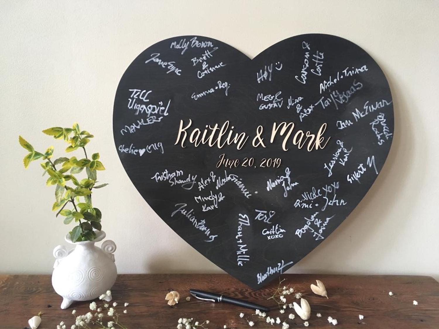 Heart guest book alternative with 3D personalized names, wedding guestbook sign in on black stain