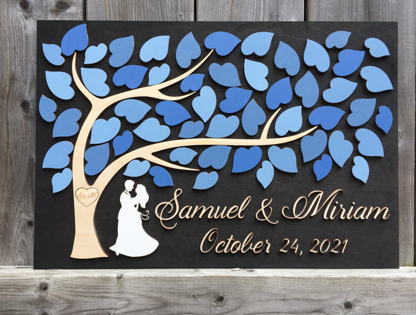 Alternative Guest book made in 3D wood with couple under tree of life, custom colors and personalized details