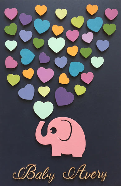 Baby shower guestbook alternative with pink elephant and rainbow coloured hearts, customized baby nursery display by SignYouStyle