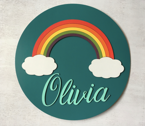 Baby girl room sign personalized with name and rainbow and clouds made of wood with customizable colors
