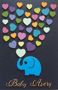 Baptism or baby shower guest book alternative made of wood and blue elephant spreading love hearts