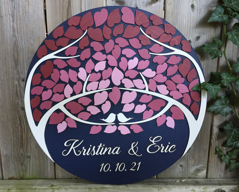 Burgundy guest book alternative round sign with tree of life and ombre fading leaves
