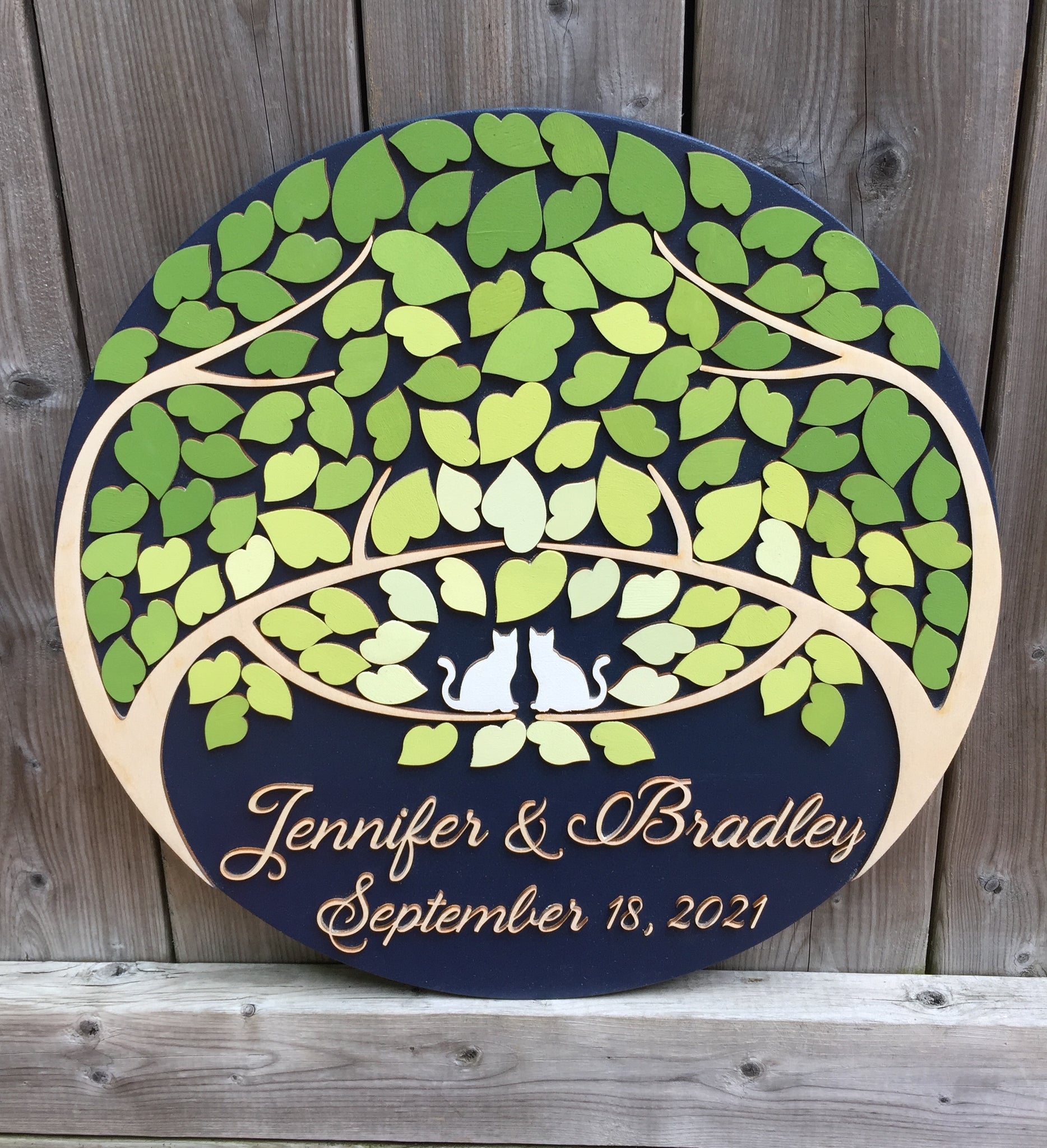 Cat people custom guest book alternative round sign with tree of life and fresh green ombre effect wall art