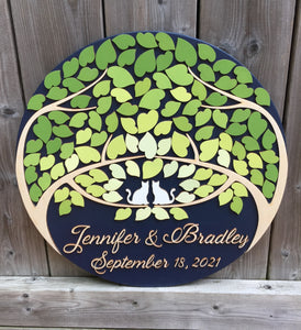 Cat people custom guest book alternative round sign with tree of life and fresh green ombre effect wall art