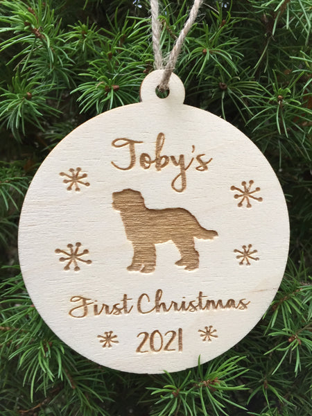 Chirstmas dog owner gift ornament for tree with doodle silhouette