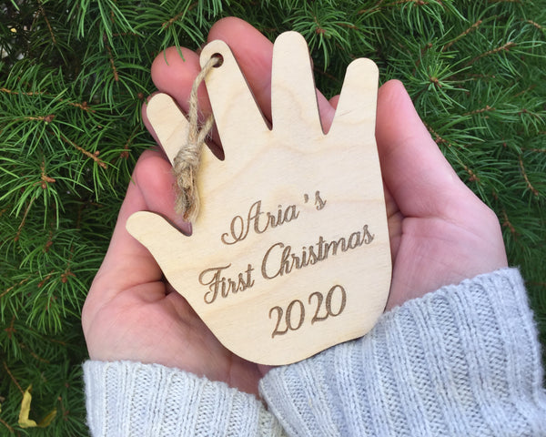 Custom engraved baby's first Christmas hand print wood ornament with baby's name and year born