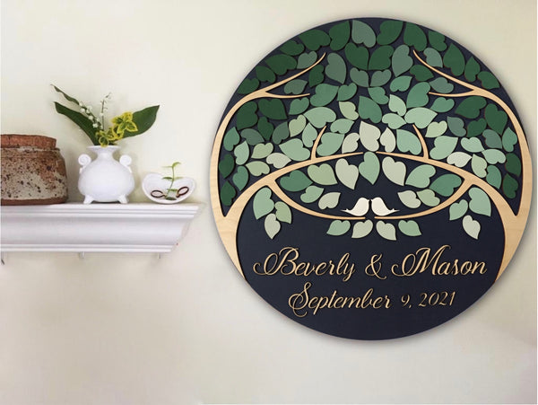 Custom guest book alternative round sign with tree of life and dark green ombre effect, wall art guest book memento