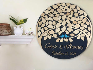 Custom guest book alternative round sign with tree of life and leaves to sign wall art, wedding keepsake