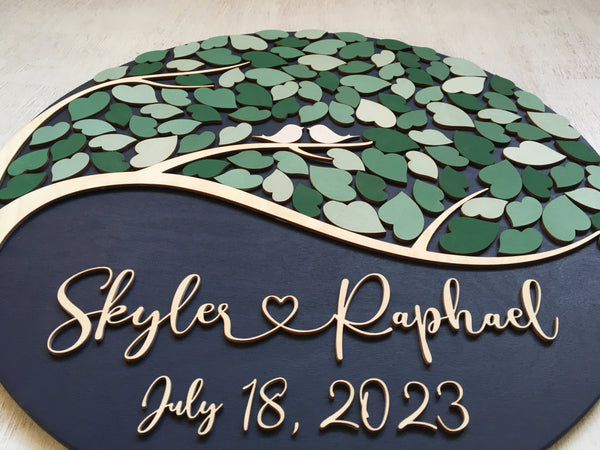 Each element of this guest book including the cutout personalized names is made of birch wood that is laser cut and manually painted for a one of a kind statement piece