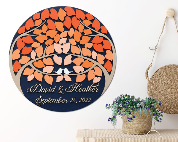 orange ombre guest book alternative round sign with tree of life and orange ombre fading leaves