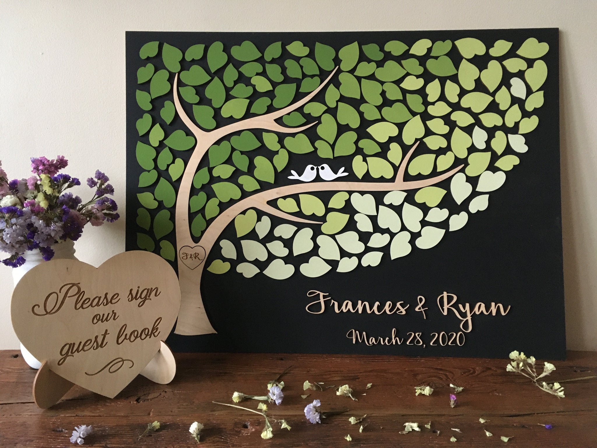 Green tree of life guestbook alternative, personalized wood sign for wedding, anniversaries or retirement