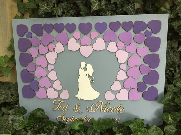 Guest book alternative 3D wood embracing couple heart with personalization and wood hearts in violet, purple, lavender shades