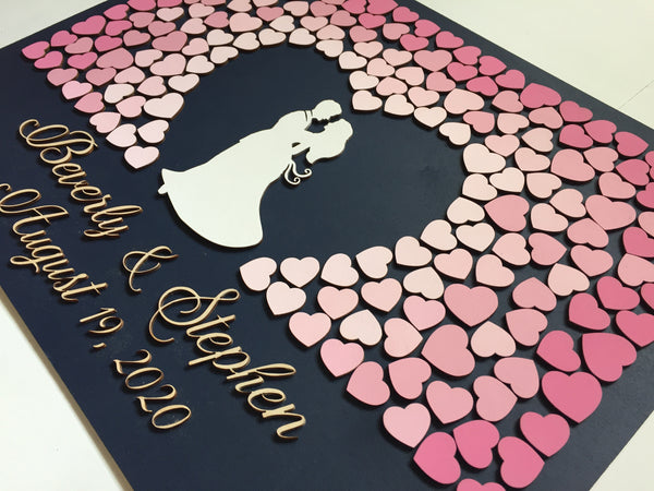 Pink ombre wood 3D embracing couple heart guest book alternative with personalization and wood hearts in ombre pink fading effect
