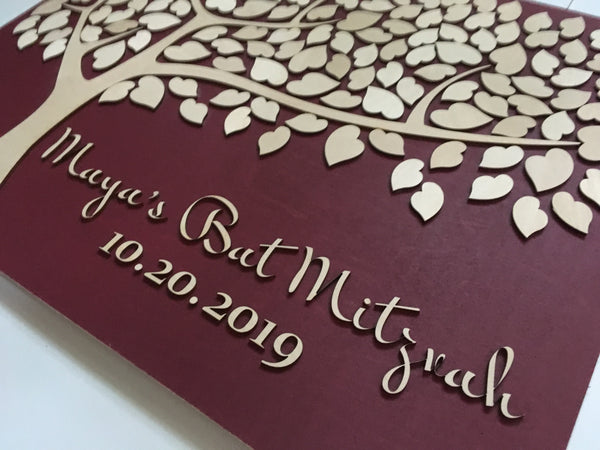 detail of burgundy bat mitzvah guest book alternative made of wood