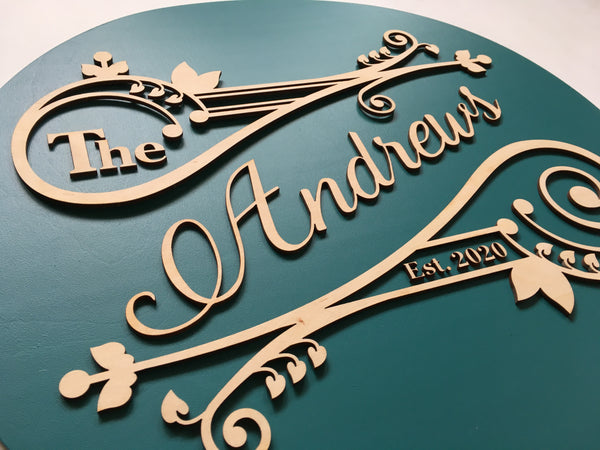 Last name family sign with established date and swirls made of wood, personalized gift for newlyweds or anniversary made on teal with customizable colors